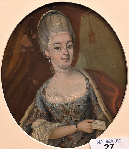 Early Small Portrait
woman wearing an elegant light blue dress and holding a letter
oil on copper
17th or 18th century
marked Rigaud on back
5 3/4 x 4