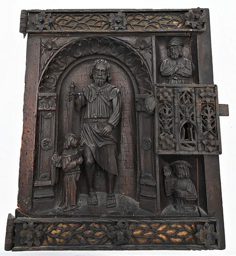 French Iron Mounted 3D Carved Walnut Door Panel
depicting Saint Roch with an angel at his side,
two busts to the right, pierced ironwork hinges and lo