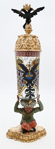 German Enameled Glass Reichshumphen
dated 1652
cylindrical vessel with enameled double headed eagle and various heraldic emblems having carved wood do