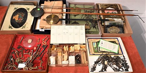 Large Group of Miscellaneous Clock Partstall case clock parts to includependulums, clock faces, hand's, panels, gears, springs, antique glass, skele