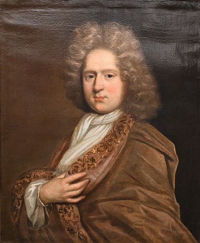 British School
17th/18th century
portrait of a nobleman in a beige robe
oil on canvas
unsigned
having a partial paper label adhered to the reverse
30 