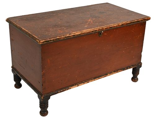 Primitive Lift Top Blanket Chest in old red finish on turned black legs signed on back "Sam Snyder..... "(Snyder County, PA?) circa 1820 height 22 1/2