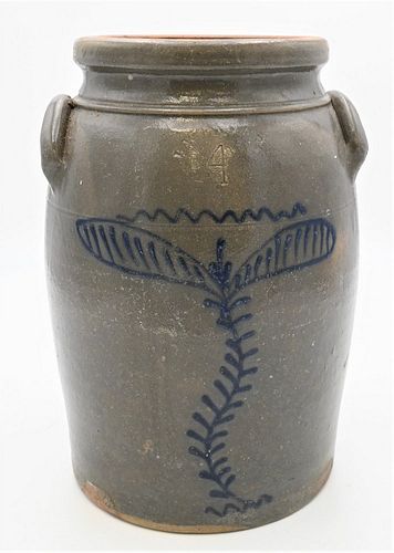 T. Weaver Four Gallon Stoneware Crock
having tall blue flower
height 14 1/2 inches
Provenance: Estate of Bruce Sasalla, East Hartford, Connecticut.