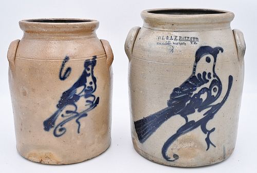 Two Piece Lot
to include O.L. and A.K. Ballard two gallon stoneware crocks
having two handles, each with cobalt bird on branch
height 11 inches
Proven