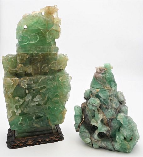 Two Green Quartz Covered Urns 
to include large urn in square form having phoenix bird finial on cover,
foo lion handles and carved birds on carved wo