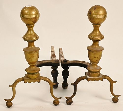 Pair of Federal Brass Andirons
having cannonball tops on spurred legs and ball feet
probably Boston
circa 1830
missing log stops
height 21 1/2 inches