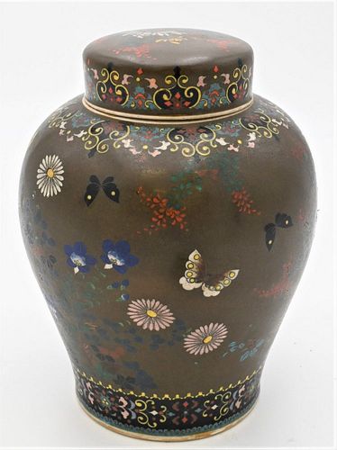 Chinese Cloisonne Porcelain Jar
with cover, having enameled wild flowers, birds and butterflies 
19th Century
height 9 1/2 inches 
remnants of William