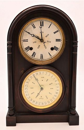 Burwell and Carter Double Dial Calendar Shelf Clock
height 18 inches
Provenance: Fifty Year Personal Collection of Clocks and American Antiques from T