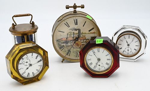 Group of Five Clocks
to include three E.N. Welch cut glass clocks having enameled dials; a Waterbury Clock Company animated alarm clock having painted