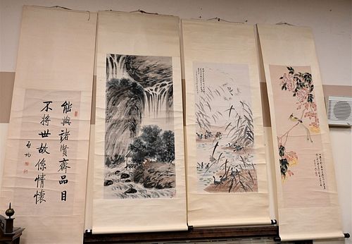 Group of Four Oriental Scrolls
to include watercolor on paper, wild flowers with perched bird;
watercolor on paper, ducks in marsh;
watercolor on pape