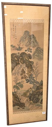 Hui Wang
1632 - 1717
watercolor on silk
mountainous landscape having river, bridge and figures
signed top left
image size 41 x 13 3/4 inches