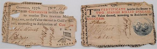 Two Georgia Colonial Paper Currency Notes or Banknotes1776marked "This certificate intitles the bearer to two Spanish milled dollars or the value th