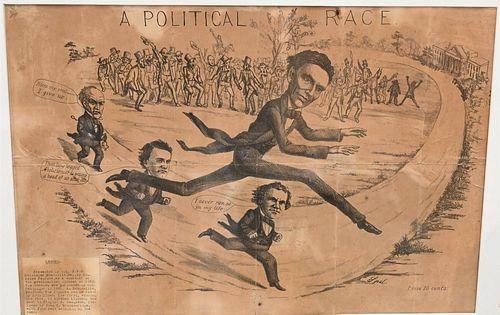 Large Framed Political Cartoon
"A Political Race"
showing Abraham Lincoln beating John Bell, John Breckinridge and Stephen Douglas in a foot race
publ