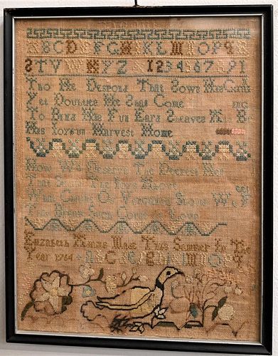 18th Century Schoolgirl Sampler 
having a poem, alphabet, and numbers, along with a duck embroidered along the lower edge
dated 1764
sight size 10 1/2