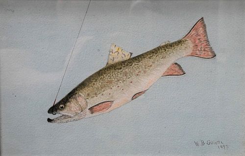 William Gillette
American/Canadian, 1864 - 1939
Trout
watercolor and pencil on paper
in victorian gilt frame
signed and dated lower right "W.B. Gillet
