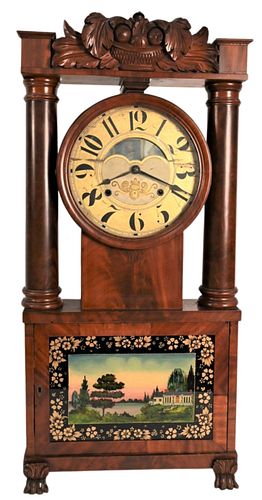 Rare George March Hollow Column Mahogany Shelf Clock
top carved with basket of fruit, eglomised glass door, all set on paw feet
height 37 1/4 inches
P