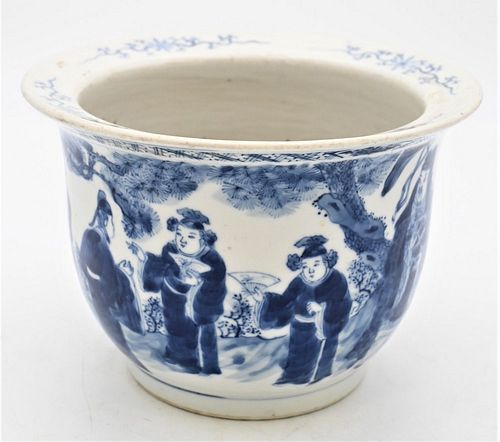 Chinese Blue and White Porcelain Jardiniere
having painted figures and scholars in a landscape
18th century or later
Kangxi Qing Dynasty
Sotheby's sti