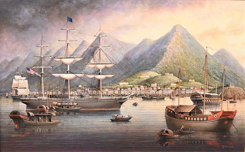 Brian Coole
American, b. 1939
Hong Kong Harbor having British, French and American ships along with a Chinese Junk
oil on board
signed lower right "Br