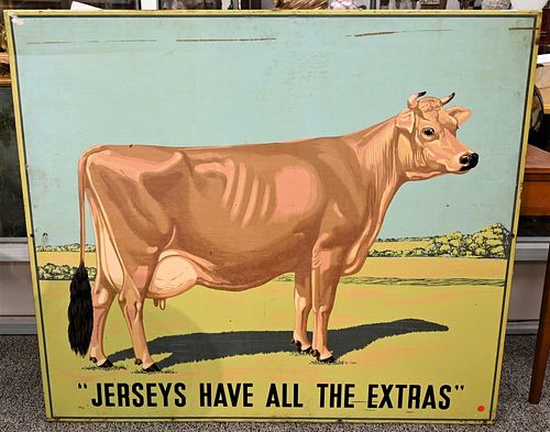 American Silk Screened Metal Dairy Cow Advertising Sign
"Jerseys Have all the Extras"
circa 1925
height 42 inches, width 4 feet