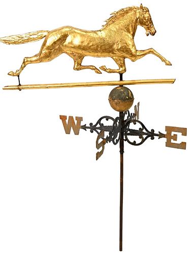 Copper Running Horse Weathervane
having zinc head in high gilt finish along with directionals
weathervane height 18 1/2 inches, total length 41 inches