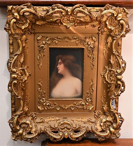 Wagner KPM Porcelain Plaque 
having painted maiden
signed "Wagner" lower right and marked to the reverse with a shield and "107"
housed in ornate gilt