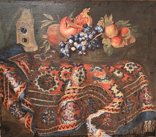 In the Manner of Giuseppe Recco
Italian, 1634 - 1695
still life with grapes, pomegranates, an oriental rug, and a clock
oil on canvas
Gustave White 19
