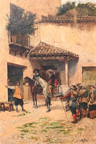 Mariano Barbasan
Spanish, 1864 - 1924
soldiers in the courtyard
oil on canvas
signed and inscribed "M. Barbasan Toledo" 
in Victorian gilt frame
24 x 