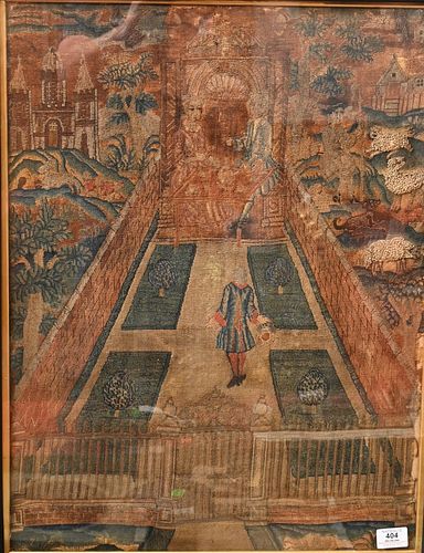 Continental Embroidered Wool Tapestry Panel 
courtyard scene with figure walking up to a seated royal couple eating, having sheep, shepherd and a cast