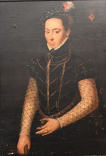 In the Manner of Jean de Court
French, 1530 - 1584
portrait of a noblewoman
oil on panel
unsigned
27 x 19 inches