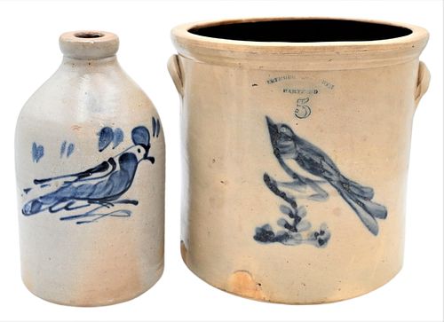 Two Piece Stoneware Lot
having cobalt bird detail, not marked
(as is with missing handle)
along with a five gallon Seymour crock having cobalt bird de