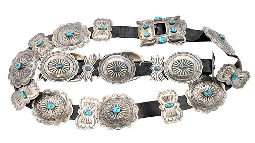 Two Piece Lotto include large leather belt mounted with 14 silver medallions with turquoise to include signed buckle having W plus B on its sidealong