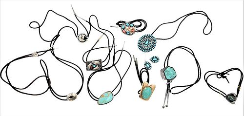 Ten Bolo Necklaceshaving leather with silver, turquoise and various stones.