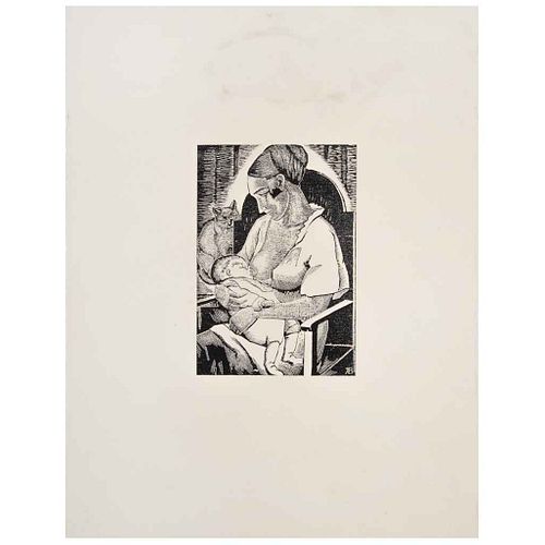 ANGELINA BELOFF, Maternidad, Firmada en placa, Xilografía sin número de tiraje, 15 x 10 cm | ANGELINA BELOFF, Maternidad, Signed on plate, Woodcut wit