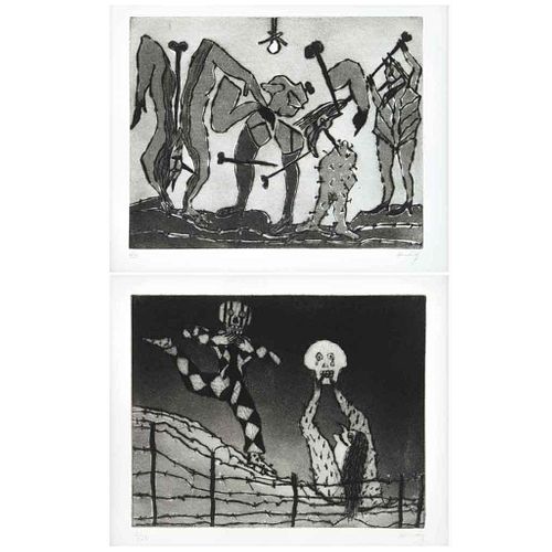 SERGIO HERNÁNDEZ, La cerca y Cirqueros, de la serie Presencias, 1987, Firmados, Grabados al aguafuerte 4/20 y 6/20, 20x26 cm c/u, pz: 2 | SERGIO HERNÁ