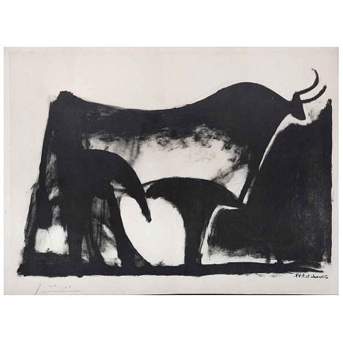 PABLO PICASSO, El toro negro, de la serie Toros y Toreros, Firmada en plancha, Litografía s/n, 27 x 37 cm| PABLO PICASSO, El toro negro, from the seri
