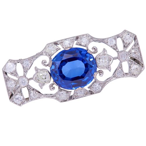 SYNTHETIC SAPPHIRE AND DIAMOND OPENWORK BROOCH