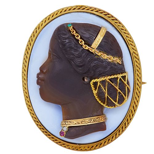 ANTIQUE AGATE HABILLE CAMEO BROOCH