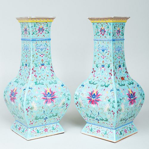 Pair of Chinese Famille Rose Turquoise Ground Porcelain Faceted Vases