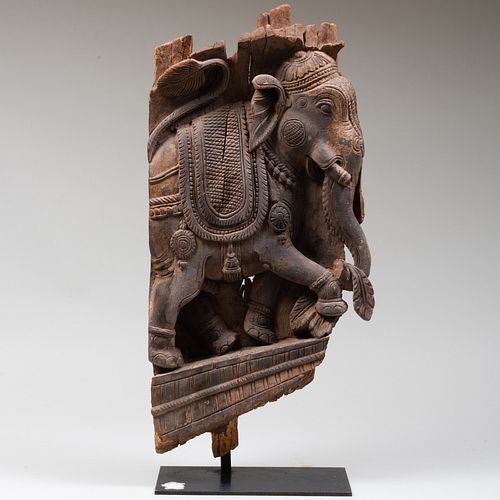 South Indian Wood Panel Fragment Carved with Elephant