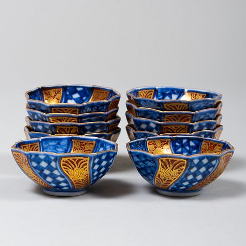 Set of Ten Japanese Blue and Red Porcelain Sake Cups