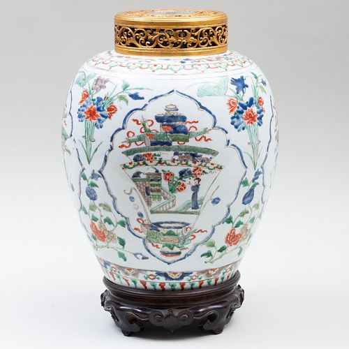 Chinese Famille Verte Porcelain Ginger Jar and a Carved Giltwood Cover Inset with Jade Plaque