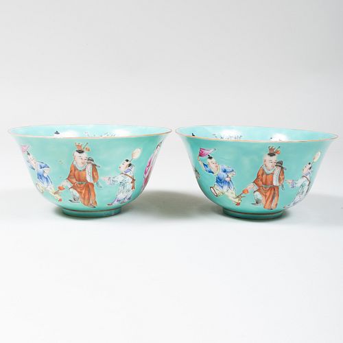 Pair of Chinese Turquoise Glazed Porcelain Bowls Decorated with Figures