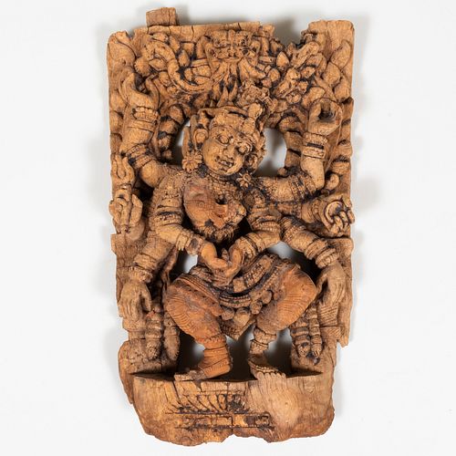 South Indian Wood Panel Fragment with Dancing Hindu Goddess
