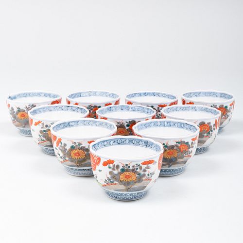 Set of Ten Japanese Imari Blue and Red Porcelain Tea Bowls