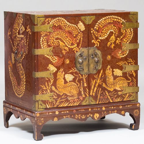 Korean Lacquered Shagreen, Gilt, Wirework, and Mother-of-Pearl Inlaid Brass-Mounted Chest