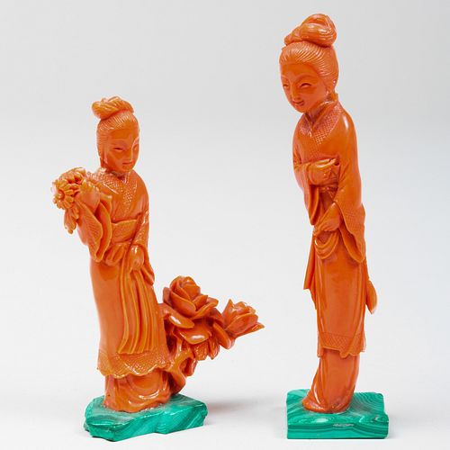 Two Chinese Coral Carved Figures of Beauties