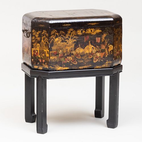 Chinese Black Lacquer and Parcel-Gilt Tea Chest on Stand