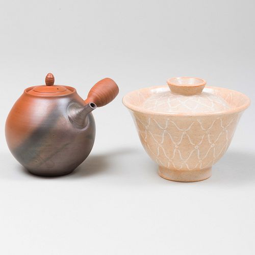 Japanese Glazed Earthenware Rice Bowl and Cover and a Burnished Pottery Teapot
