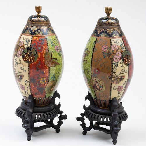 Pair of Small Japanese CloisonnÃ© Vessels and Covers