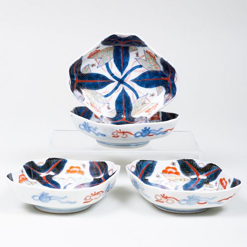 Set of Four Japanese Red and Blue Porcelain Lozenge Shaped Dishes